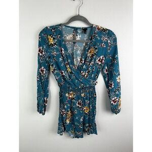 Women's Art Class Size Large (10/12) Blue Floral Romper Long Sleeve